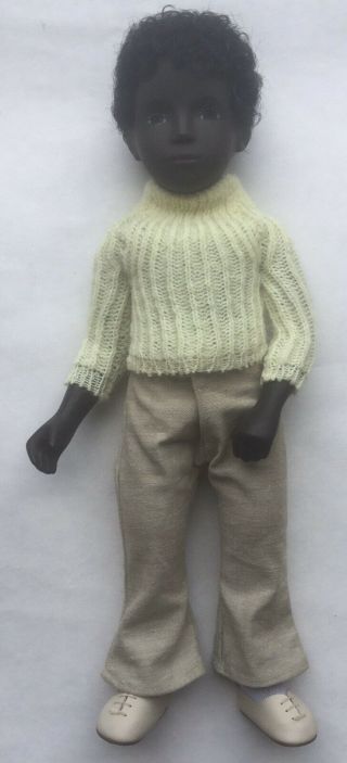 SASHA Vintage 70s Caleb 309 Black Boy Doll Yellow Sweater Box Tag African 16.  5 