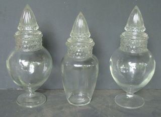 Set Of 3 Dakota Glass Candy / Apothecary Cone Lidded Jars,  13 " & 12 "