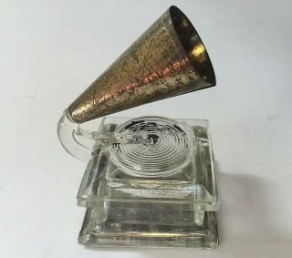 Old Antique Glass Figural Phonograph Candy Container Outside Horn Edison Disc