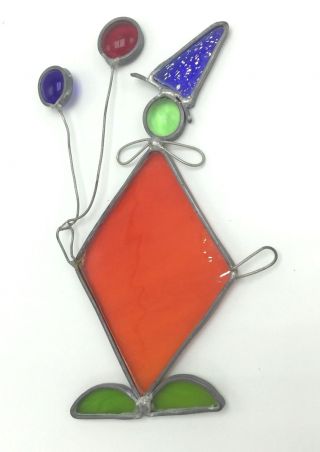 Vintage Tiffany Stained Glass Sun Catcher Large Clown With Balloons Hand Crafted