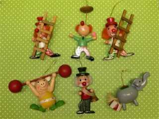 7 Vtg Christmas Wooden Circus Theme Clowns Animals Tree Ornaments