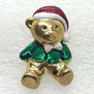 Vintage Christmas Bear Brooch Pin Santa Hat Enamel Gold Tone Costume Jewelry
