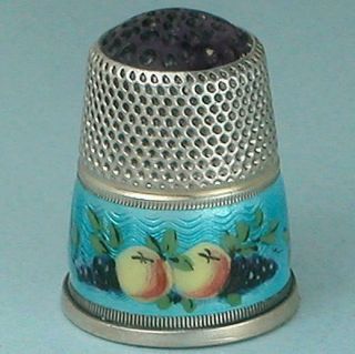 Antique Stone Top Enameled Silver Fruit Band Thimble Germany Circa 1900s