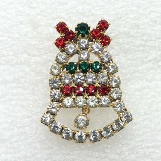 Vintage Christmas Bell Brooch Pin Red Clear Green Glass Rhinestone Jewelry