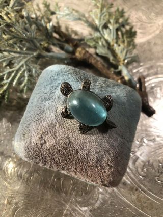 Vintage Antique Blue Turquoise Jelly Belly Turtle Tiny Pin Brooch Silver Tone