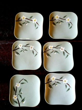 6 Weil Ware Dishes Malay Blossom Square Bread Butter Plates Celedon Green Vtg