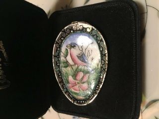 Gorgeous Rare Antique Sterling Silver Hand Painted Bird Brooch