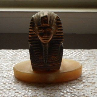 Vintage Brass 4 In.  Metal Egyptian " King Tut " Figure Bust On Stone / Marble