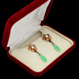 Antique Vintage Art Deco 10k Rose Gold Chinese Jadeite Jade Akoya Pearl Earrings