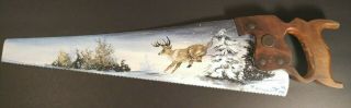 Vintage 1991 Hand Painted 23 " Hand Saw (picture Of Snowy Field W/running Deer)