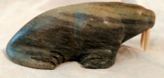 Vintage Signed Inuit Soapstone Sculpture Carving Walrus John Ayek Eskimo Made