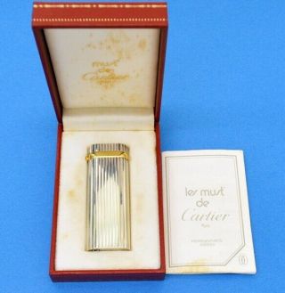 Vintage Cartier Gas Lighter Swiss Made Silver Stripe Sapphire