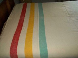 Vintage Wool Twin/Full Blanket 3 Stripes at the Top and Bottom (Red Yellow Aqua) 3