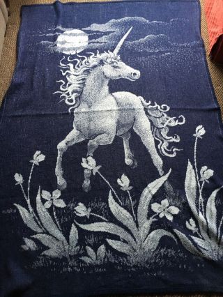 Vintage Tac Blue Unicorn Reversible Acrylic Blanket Throw Usa Made 60 X 84