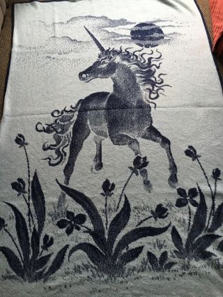 Vintage TAC Blue Unicorn Reversible Acrylic Blanket Throw USA Made 60 X 84 2