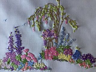 Gorgeous Vintage Hand Embroidered Tablecloth Country Cottage Florals/tree