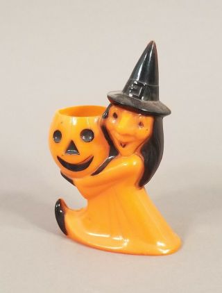 Vintage C1950 Rosbro Halloween Witch Jol Pumpkin Candy Container Hard Plastic