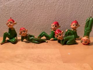 6 Vintage Christmas Pixie Elf Ceramic Figurines Green With Red Hats Japan