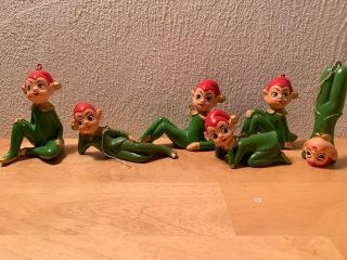 6 Vintage Christmas Pixie Elf Ceramic Figurines Green with Red Hats Japan 2
