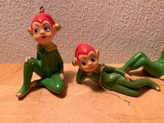 6 Vintage Christmas Pixie Elf Ceramic Figurines Green with Red Hats Japan 3