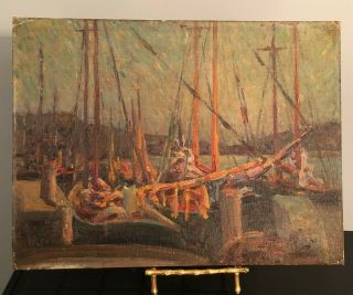 Early Impressionist American Antique Vintage Fishing Boat Harbour Scene Signed