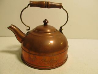 Vintage 1801 Revere Ware Copper And Brass Tea Pot Kettle Wood Handle 2 Quart.