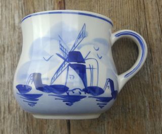 Vtg Delft Coffee Cup Holland Hand Painted Windmill Floral Tea Mug Blue White