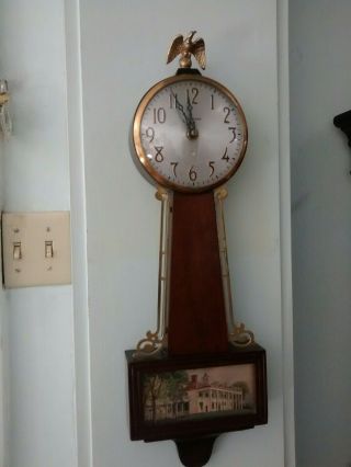 Vintage Sessions Mt.  Vernon Banjo Wood Wall Clock (quartz) W/nice Brass & Eagle