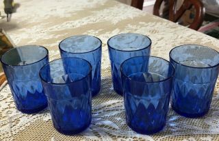 Vintage Cobalt Blue Depression Glass Diamond Design Juice Glasses 3” Set Of 6