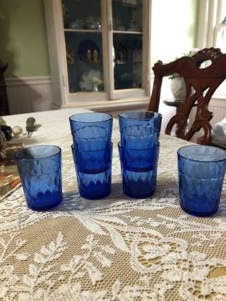 Vintage Cobalt Blue Depression Glass Diamond Design Juice Glasses 3” Set of 6 2