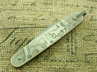 Vintage Pewter Hunting Hound Dog Picture Pocket Watch Pen Knife Fob Knives Tools