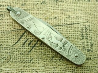 VINTAGE PEWTER HUNTING HOUND DOG PICTURE POCKET WATCH PEN KNIFE FOB KNIVES TOOLS 2