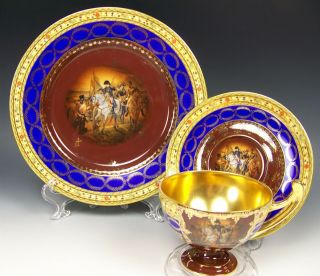 Germany Cobalt Blue Napoleon At The Battle Gold Gilt Trio Footed Cup & Saucer A