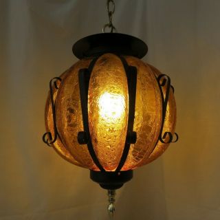 Vintage Hanging Light Lamp Crackled Amber Glass Black Iron Accents Swag Open