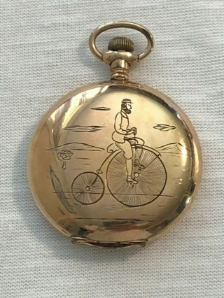 Antique Elgin Pocket Watch Hunter Case With Penny Farthing Bicycle Image