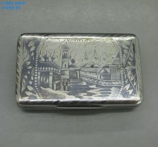 Antique Imperial Russian Good Solid Silver & Niello Snuff Box F.  I Moscow 1842
