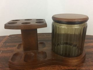 Vintage Walnut Wood Smoking Tobacco 6 Pipe Stand Holder Glass Jar Decatur Aztec