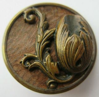 Large Antique Vtg Victorian Wood Back Metal Picture Button Flower (f)