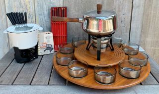 Vintage Mcm Digsmed Teak Fondue Set Lazy Susan 10 Bowls 2 Pots Denmark 1964