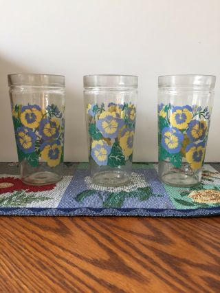 Vintage Set Of 3 Floral Drinking Beverage Glasses Mid - Century