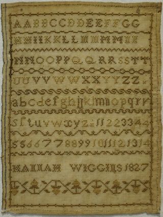 Very Small Early 19th Century Alphabet Sampler By Hannah Wiggins - 1827