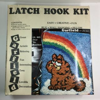Vintage 80s Garfield Latch Hook Rug Wall Hanging Kit " Over The Rainbow " 18 X 24 "