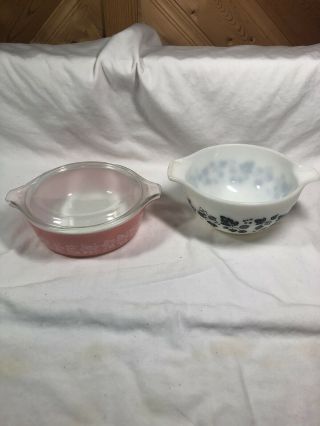 Vintage Black And White Gooseberry Pyrex 441 & 471 Pink With Lid