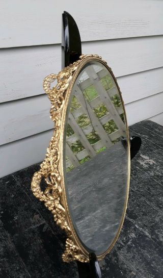 Vtg.  Large Round Ormolu Gold Tone Vanity/dresser Tray / Beveled Mirror Floral