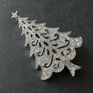 Signed Hedy Vintage Silver Tone Rhinestone Christmas Tree Holiday Brooch Pin 415