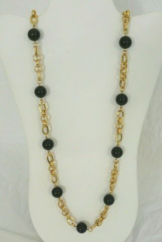 Signed Vintage Monet Necklace Gold Tone With Black Beads 32 "
