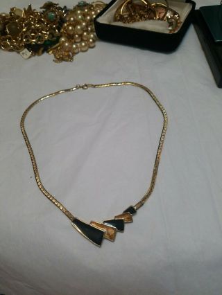 Vintage Trifari Tm Gold Tone Black Enamel Rhinestone Chain Pendant Necklace