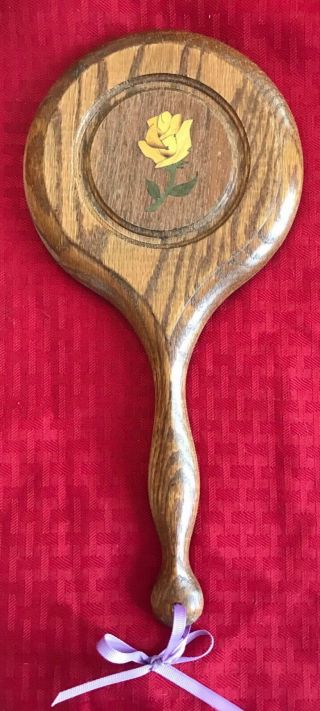 Vintage Wooden Hand Mirror With Carved Rose Inlay
