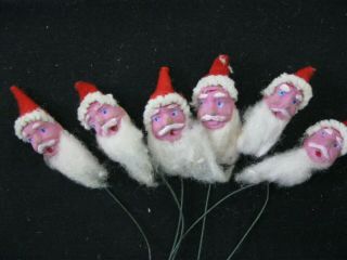 Vtg Christmas Ornament Clay Santa Faces Cotton Felt Hand Painted On Wire
