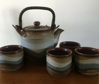 Vintage Hand Crafted Otagiri Japan Tea Pot Set With 4 Cups Stoneware